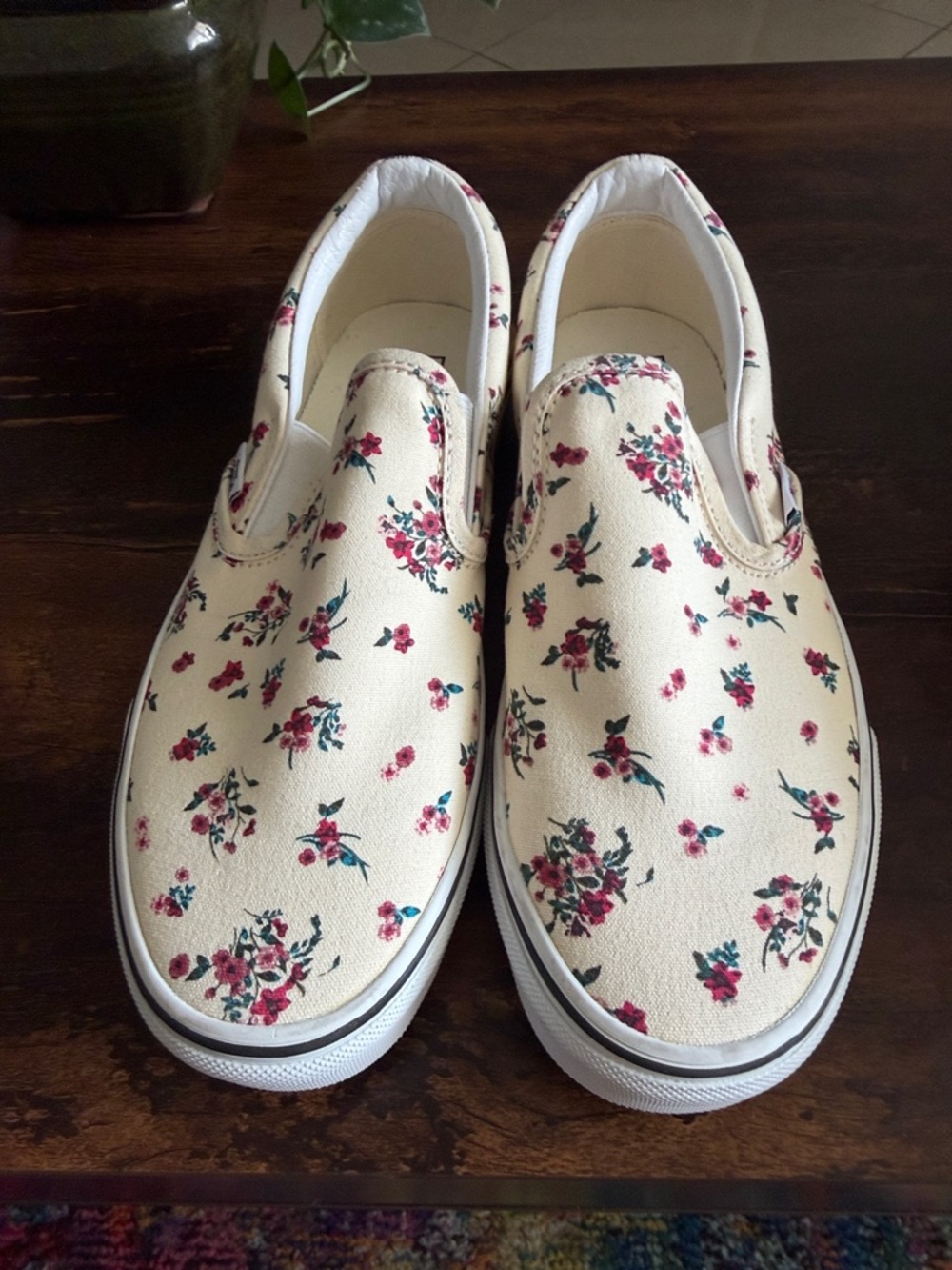 Vans Slip-On Floral Canvas Sneakers - Cream with Pink and Green Accents - Picture 2 of 7